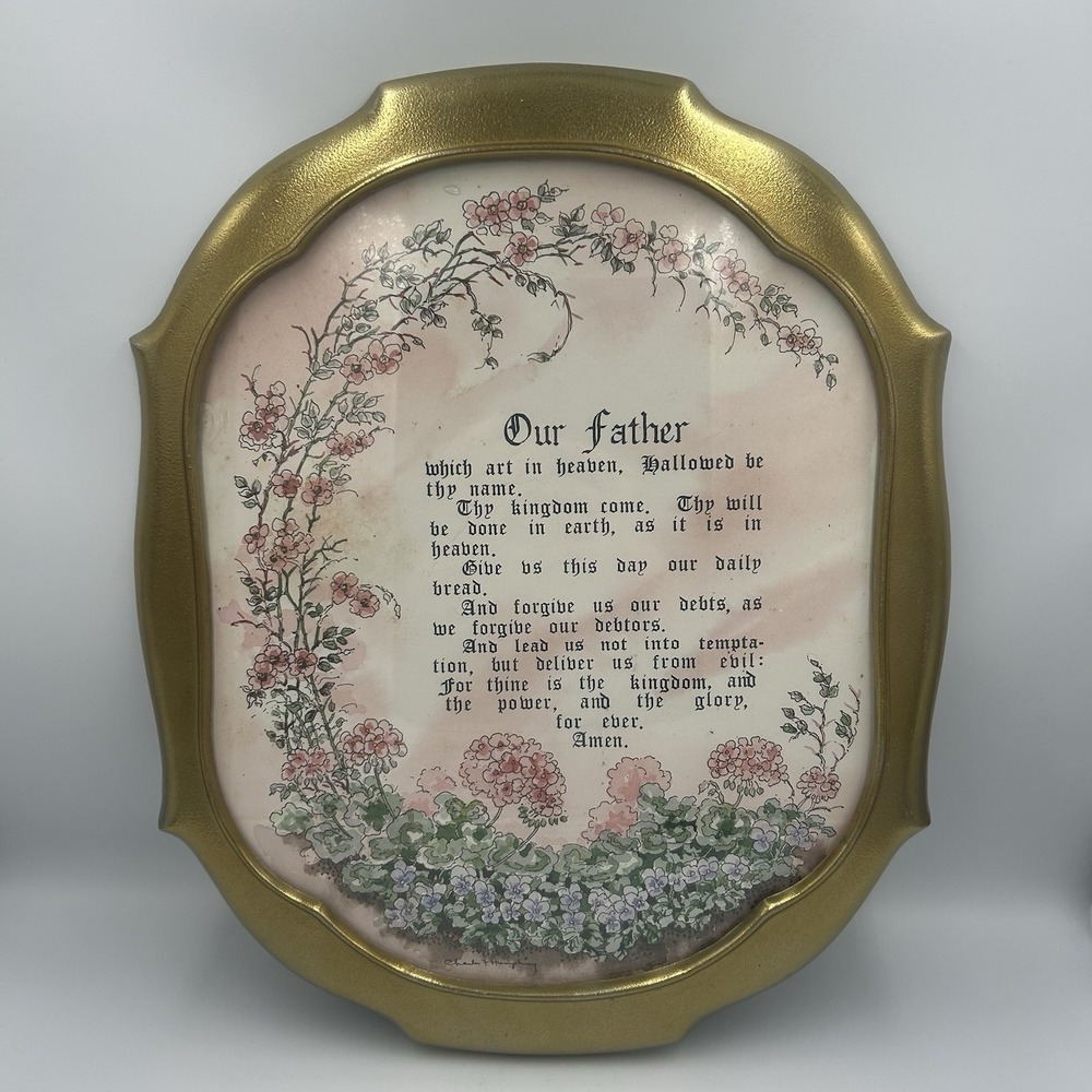 The Lord's Prayer Framed Picture Gold Tone Metal Frame Religious Christian Art